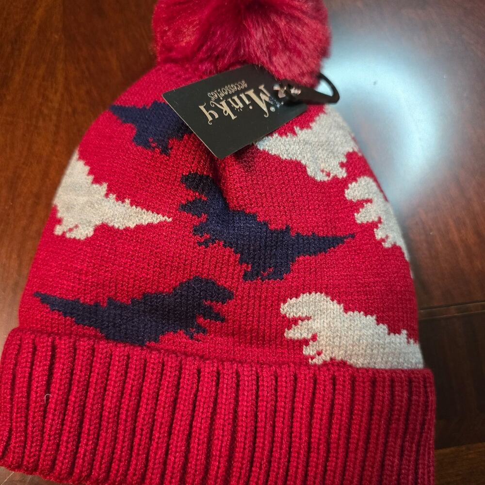Minky Red Dinosaur Pom Pom infant Beanie Hat NWT